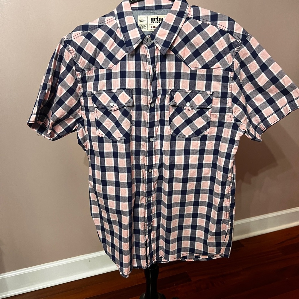 Urban Pipeline Plaid Button Up Shirt Mens Large Pink Blue Western Short Sleeve